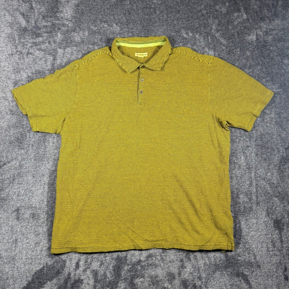 32 Bar Blues Mens XL Polo Shirt Yellow Black Striped Linen Cotton Short Sleeve
